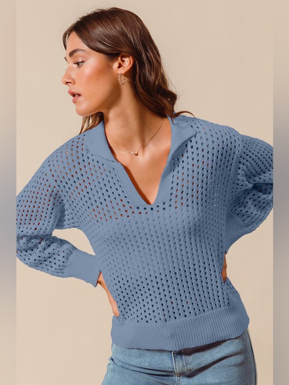 SO ME Open Knit Polo Sweater Top